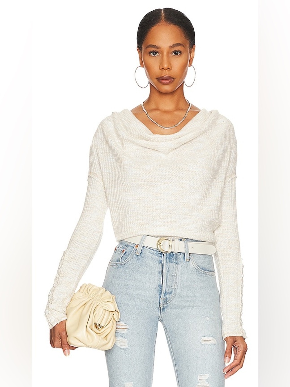 Free people Misty Waffle Cowel Neckline Long-sleeve Shirt Top XL Swiss Coffee
